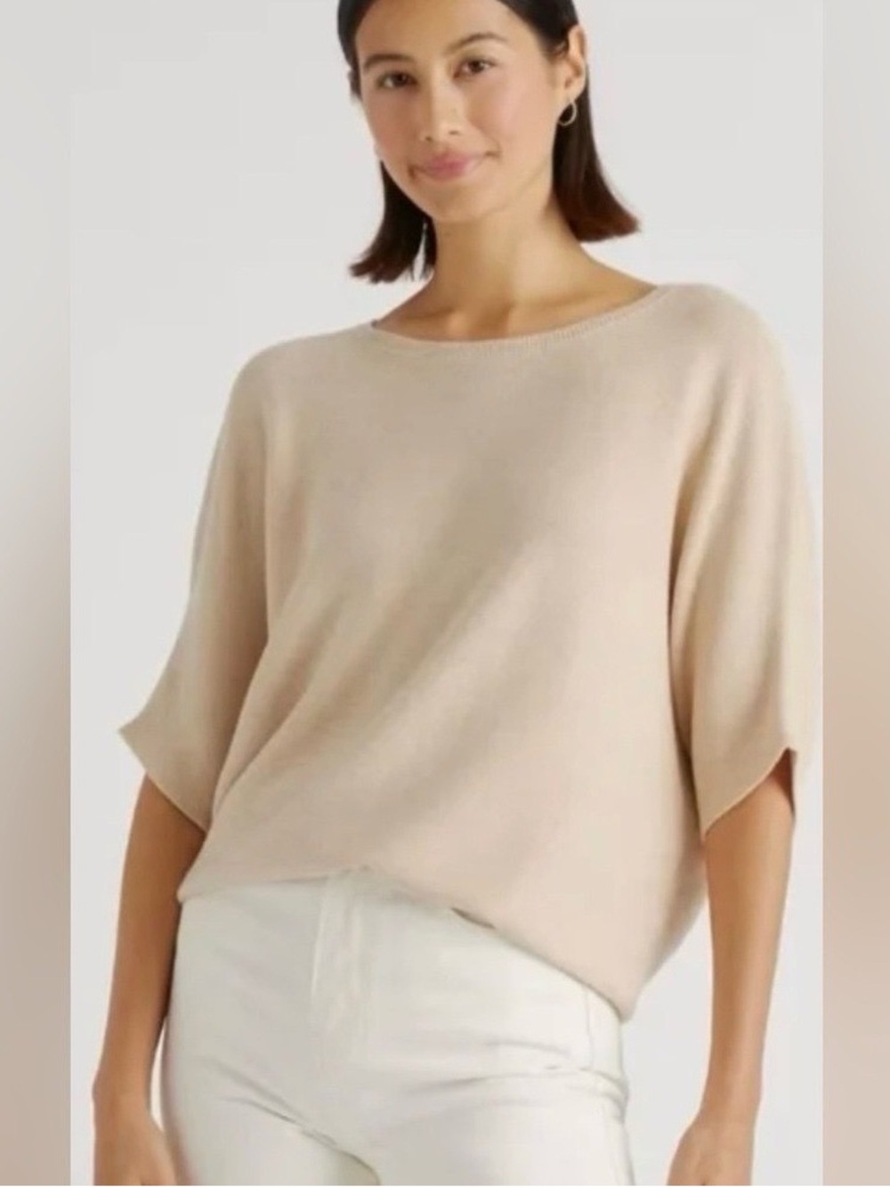 Quince Cotton Cashmere Link-Stitch Dolman Sweater Sz Medium Oatmeal Quiet Luxury